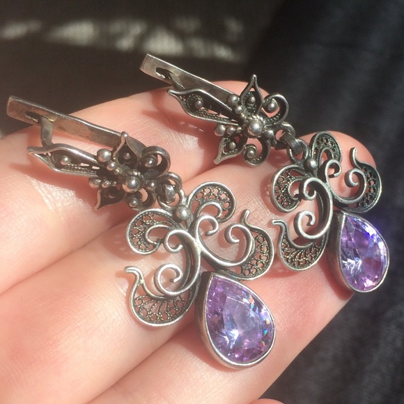 Filigree earrings 925 silver with purple stone - Picture 2 of 14